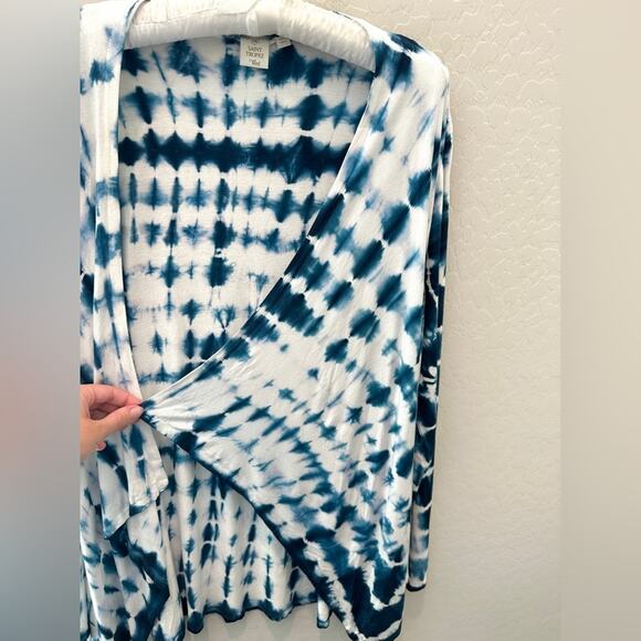 SAINT TROPEZ WEST | Blue White Tie-Dye Knit Waterfall Cardigan | Size Medium - Picture 4 of 7